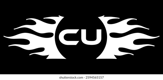 Futuristic abstract Logo with Fiery Flame Motif and Geometric 'CU' Emblem, Black and White Artwork