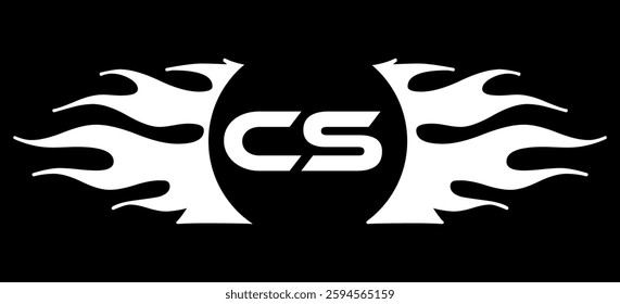 Futuristic abstract Logo with Fiery Flame Motif and Geometric 'CS' Emblem, Black and White Artwork