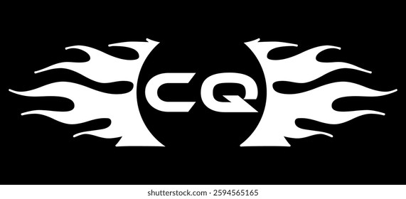 Futuristic abstract Logo with Fiery Flame Motif and Geometric 'CQ' Emblem, Black and White Artwork