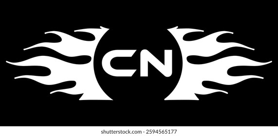 Futuristic abstract Logo with Fiery Flame Motif and Geometric 'CN' Emblem, Black and White Artwork