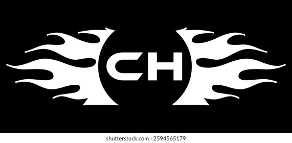 Futuristic abstract Logo with Fiery Flame Motif and Geometric 'CH' Emblem, Black and White Artwork