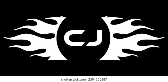Futuristic abstract Logo with Fiery Flame Motif and Geometric 'CJ' Emblem, Black and White Artwork