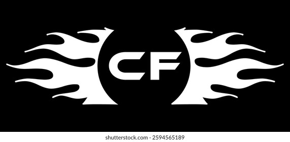 Futuristic abstract Logo with Fiery Flame Motif and Geometric 'CF' Emblem, Black and White Artwork