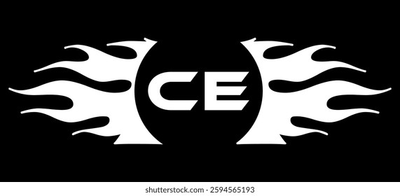 Futuristic abstract Logo with Fiery Flame Motif and Geometric 'CE' Emblem, Black and White Artwork