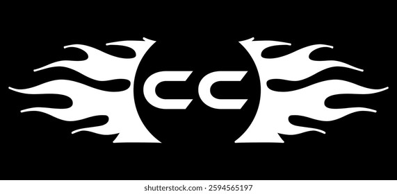 Futuristic abstract Logo with Fiery Flame Motif and Geometric 'CC' Emblem, Black and White Artwork