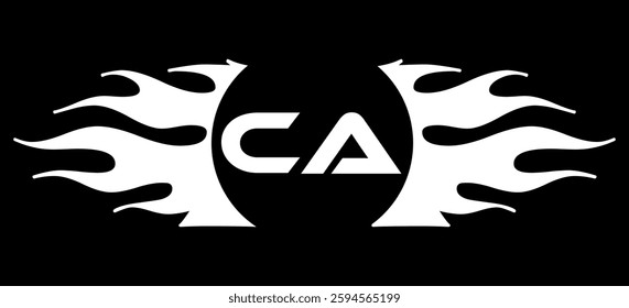Futuristic abstract Logo with Fiery Flame Motif and Geometric 'CA' Emblem, Black and White Artwork