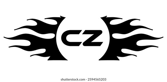 Futuristic abstract Logo with Fiery Flame Motif and Geometric 'CZ' Emblem, Black and White Artwork