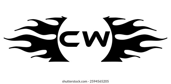 Futuristic abstract Logo with Fiery Flame Motif and Geometric 'CW' Emblem, Black and White Artwork
