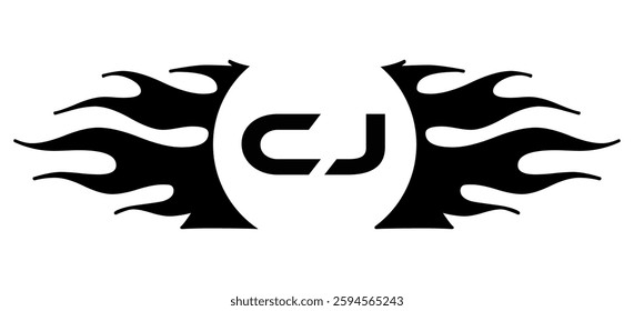 Futuristic abstract Logo with Fiery Flame Motif and Geometric 'CJ' Emblem, Black and White Artwork