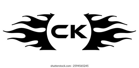 Futuristic abstract Logo with Fiery Flame Motif and Geometric 'CK' Emblem, Black and White Artwork
