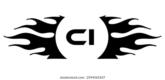 Futuristic abstract Logo with Fiery Flame Motif and Geometric 'CI' Emblem, Black and White Artwork
