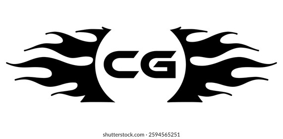 Futuristic abstract Logo with Fiery Flame Motif and Geometric 'CG' Emblem, Black and White Artwork