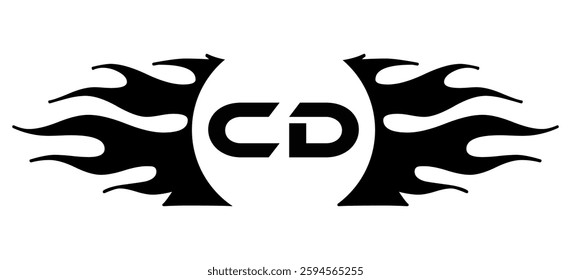 Futuristic abstract Logo with Fiery Flame Motif and Geometric 'CD' Emblem, Black and White Artwork