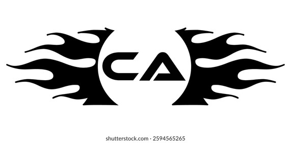 Futuristic abstract Logo with Fiery Flame Motif and Geometric 'CA' Emblem, Black and White Artwork