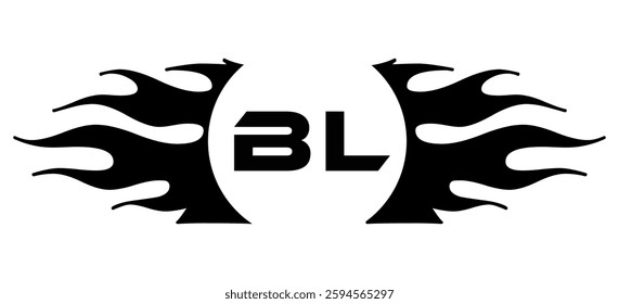 Futuristic abstract Logo with Fiery Flame Motif and Geometric 'BL' Emblem, Black and White Artwork