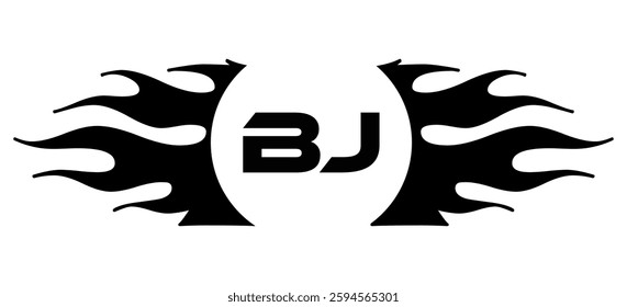 Futuristic abstract Logo with Fiery Flame Motif and Geometric 'BJ' Emblem, Black and White Artwork