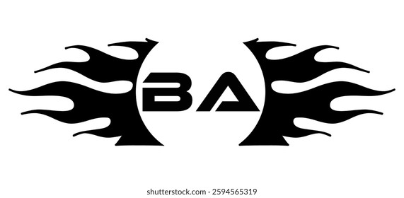 Futuristic abstract Logo with Fiery Flame Motif and Geometric 'BA' Emblem, Black and White Artwork