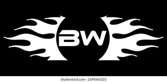Futuristic abstract Logo with Fiery Flame Motif and Geometric 'BW' Emblem, Black and White Artwork