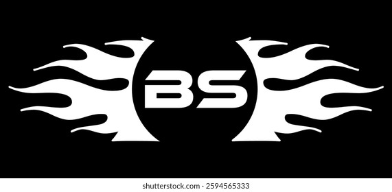 Futuristic abstract Logo with Fiery Flame Motif and Geometric 'BS' Emblem, Black and White Artwork