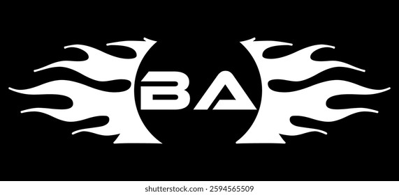 Futuristic abstract Logo with Fiery Flame Motif and Geometric 'BA' Emblem, Black and White Artwork