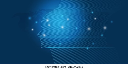 Futuristic Abstract Machine Learning, Artificial Intelligence, Cloud Computing and Networks Design Concept with Human or Robot Silhouette, Wavy Patterned Face Profile, Glowing Network Nodes Around