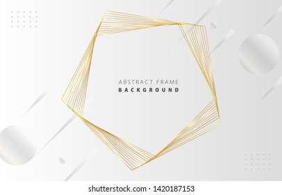 Futuristic abstract metal gold gradient pentagon frame vector on white Memphis background, rotate golden yellow line digital dynamic elegant polygon spin, technology web, poster, card print template