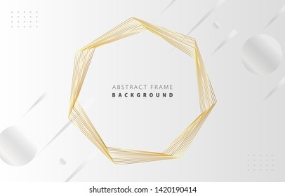 Futuristic abstract metal gold gradient heptagon frame vector on white Memphis background, rotate golden yellow line digital dynamic elegant polygon spin, technology web, poster, card print template