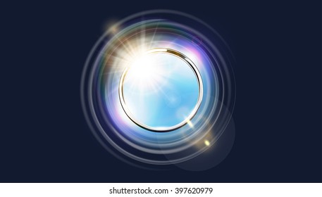 Futuristic abstract metal ring background. Chrome shine round frame with light circle and sun lens flare light effect. Vector glowing stainless steel gap to blue sky. Space for your message.