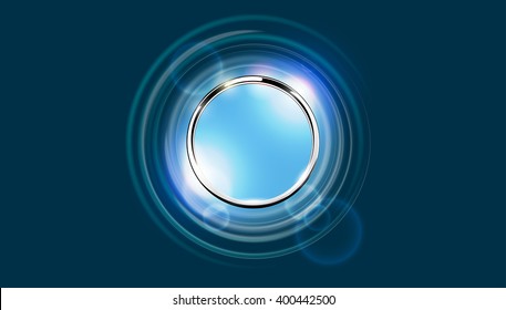Futuristic abstract metal ring background. Chrome shine round frame with light circle and lens flare light effect. Vector abstract glowing stainless steel wallpaper. Blue space for your message.