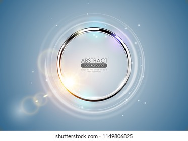 Futuristic abstract metal ring blue background. Chrome shine round frame with light circle and sun lens flare light effect. Vector glowing stainless steel logo element. Space for your message