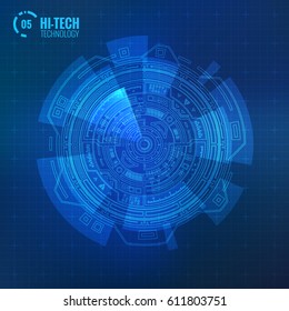 Futuristic Abstract Modern HUD User Interface Circle Element Isolated on Dark Mesh Background. Hi Tech Motion Design, Engineering, Science and Technology Concept