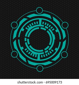 Futuristic Abstract Modern HUD User Interface Circle Element Isolated on Dark Mesh Background. Hi Tech Motion Design, Engineering, Science and Technology Concept