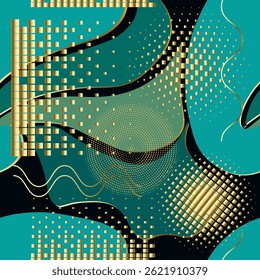 Futuristic abstract modern seamless pattern background with golden squares, waves and circular halftone gradients over teal and black curves. Elegant digital endless vector texture with luxury design.