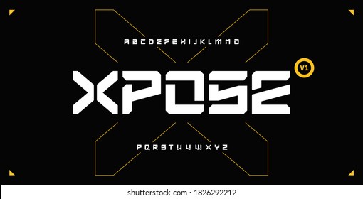 Futuristic abstract modern techno font, abstract geometric sci fi bold display letter set, stencil clean stencil monospaced xpose typeface svg