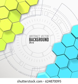 Futuristic abstract mosaic background with green and blue 3d hexagons and circle user interface template vector illustration