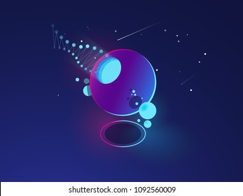 Futuristic abstract object, space system model, orbit, digital technology concept dark neon isometric vector