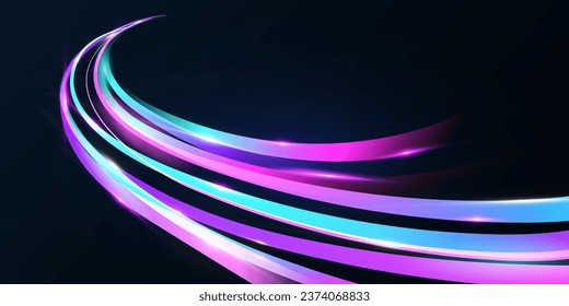 Futuristic abstract perspective flash, glowing road light strips. Light traffic traces. High speed traffic. Space background. Vector illustration