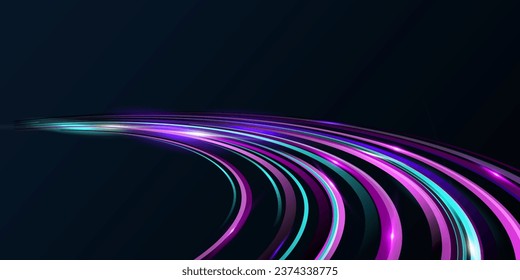 Futuristic abstract perspective flash, glowing road light strips. Light traffic traces. High speed traffic. Vector illustration