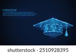 futuristic Abstract polygonal Graduation cap.Low poly wireframe Education hat
 vector illustration on technology blue background. success, knowledge, Education, and learning concepts.