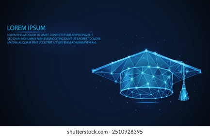 futuristic Abstract polygonal Graduation cap.Low poly wireframe Education hat
 vector illustration on technology blue background. success, knowledge, Education, and learning concepts.