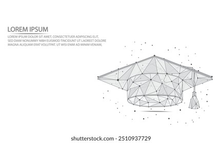 gorra de graduación poligonal Abstractas futurista. Ilustración vectorial de sombrero de Educación de estructura de alambre de polietileno bajo sobre fondo blanco de tecnología. éxito, conocimiento, Educación y conceptos de aprendizaje.