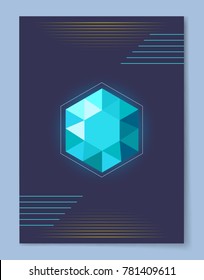 Futuristic abstract poster with bright shiny blue crystal in shape of six point figure on dark background with stripes isolated vector illustration.