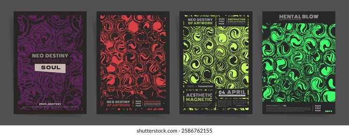 Futuristic Abstract Poster Collection. Bold Y2K Science Designs with Swirling Neon Patterns, Digital Brutalist Aesthetic, and Energetic Geometry. Vibrant Night Glow Graphics for Music and Technology 