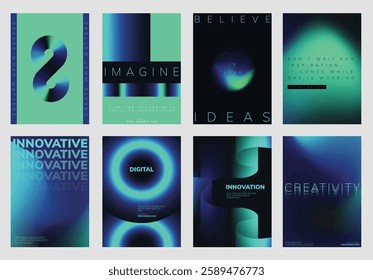 Futuristic abstract poster designs. Futuristic poster template set with blue and neon green gradient background design. Set of futuristic poster templates collection, blue and neon green design
