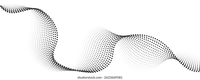 Futuristic abstract shapes halftones, smooth wavy dotted lines, gradient curved stripes. Abstract digital wave particles. Vector modern background for equalizer, audio recording.