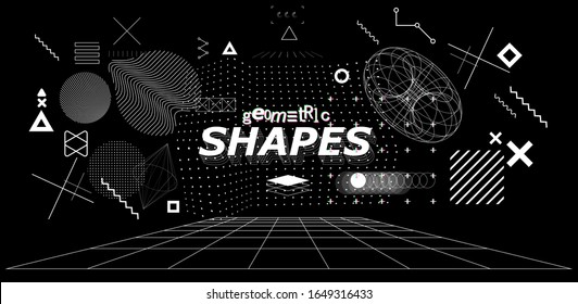 Futuristic abstract shapes set. Glitch generative art illustration with geometric composition. Sky-fi collection for virtual reality and concept technologies of future. Vector background cyberpunk