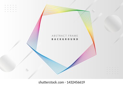 Futuristic abstract spectrum rainbow gradient pentagon frame vector on white Memphis background, rotate colorful line digital dynamic elegant polygon spin, technology web, poster, card print template