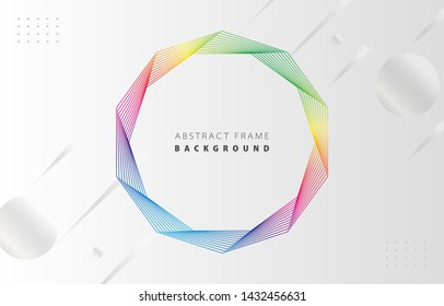 Futuristic abstract spectrum rainbow gradient decagon frame vector on white Memphis background, rotate colorful line digital dynamic elegant polygon spin, technology web, poster, card print template