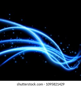 Futuristic Abstract Speed Blue Swoosh Wave Lines Over Black Background Layout. Transparent Motion Light Streaks. Liquid Dynamic Flow. Easy Create Hi-tech Graphic Effect. Vector Illustration