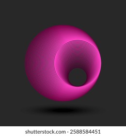 Futuristic abstract sphere logo 3d circular vortex shape with smooth gradient lines in vibrant magenta, creating an illusion of depth and movement on a dark background.